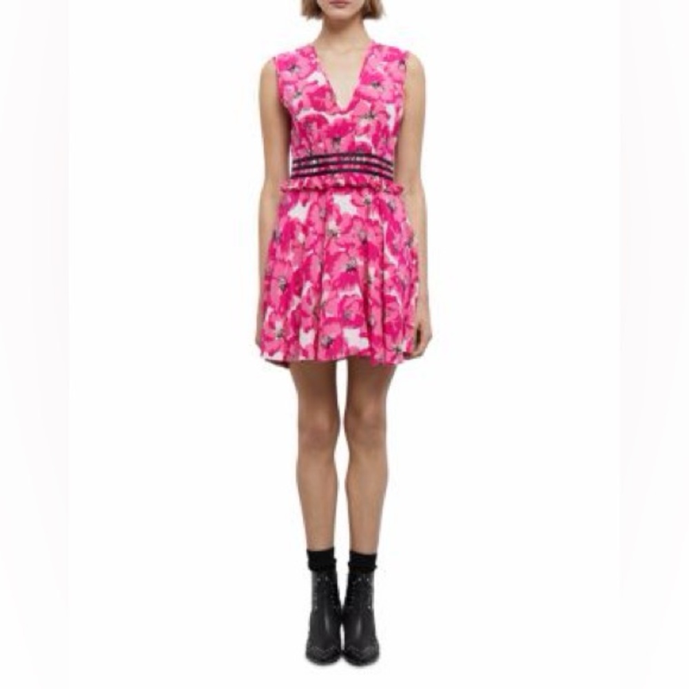 NWT MSRP $330 The Kooples 100% silk summer party Pink Floral Mini Dress sz US 6